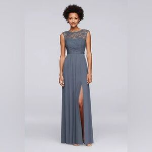 David’s Bridal lace bridesmaid dress with long mesh skirt in Steel Blue 12